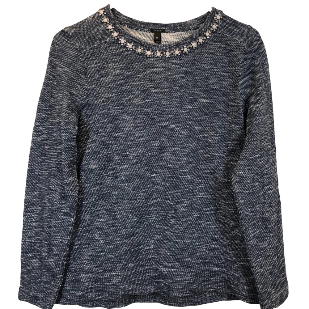 J Crew Women Medium Navy and White Cotton Sweater with gem flower Circle collar